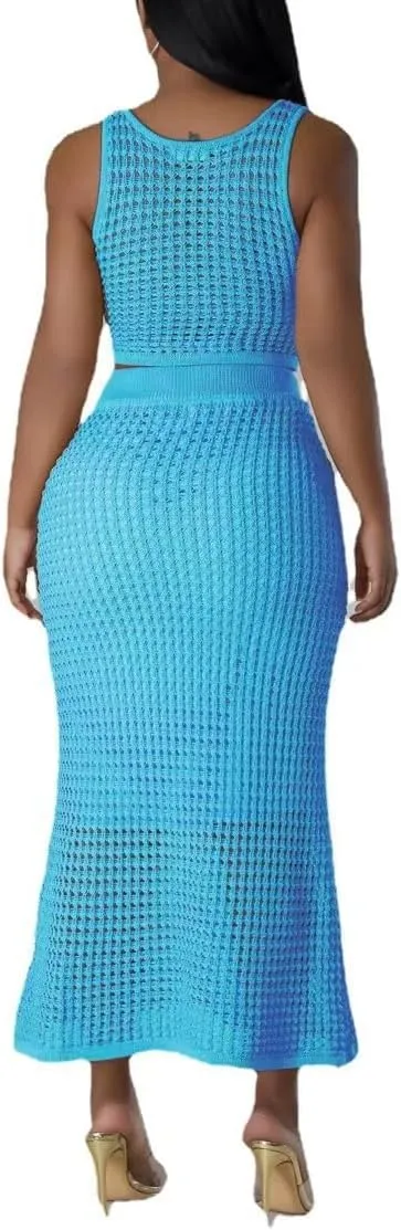 Women Plus Two-Piece Skirt Set Tassel Fishing Net Knittin Hollow Out Off Shoulder Beach Dresses Swimsuit Cover Ups