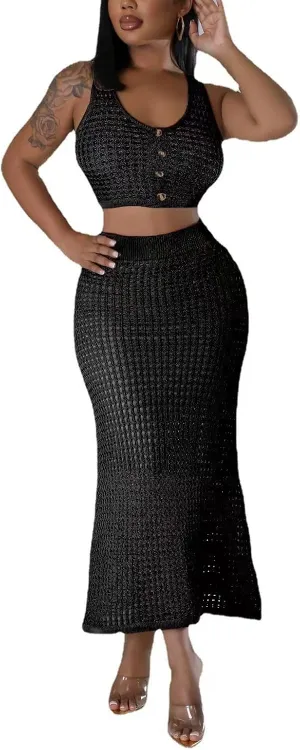 Women Plus Two-Piece Skirt Set Tassel Fishing Net Knittin Hollow Out Off Shoulder Beach Dresses Swimsuit Cover Ups