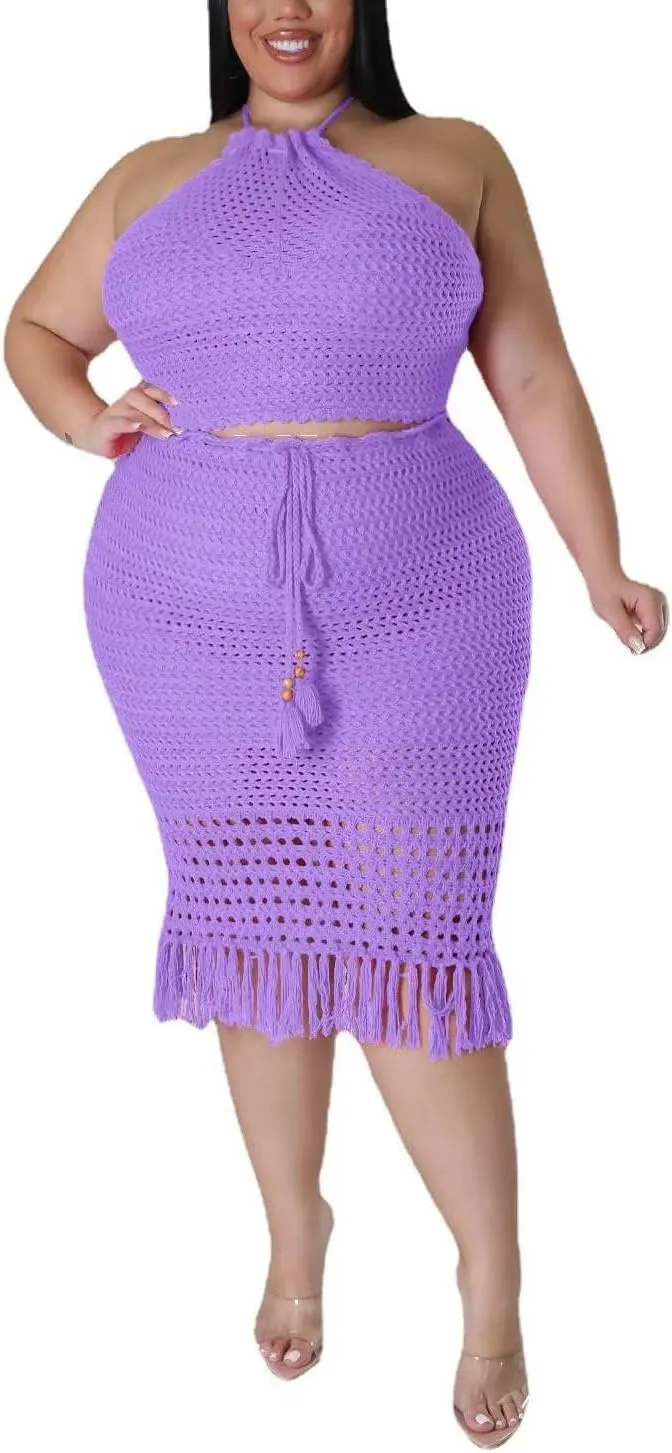 Women Plus Two-Piece Skirt Set Tassel Fishing Net Knittin Hollow Out Off Shoulder Beach Dresses Swimsuit Cover Ups