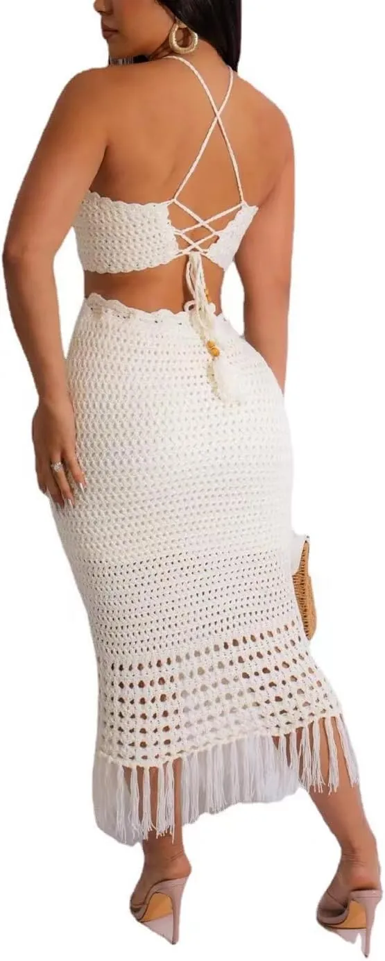 Women Plus Two-Piece Skirt Set Tassel Fishing Net Knittin Hollow Out Off Shoulder Beach Dresses Swimsuit Cover Ups