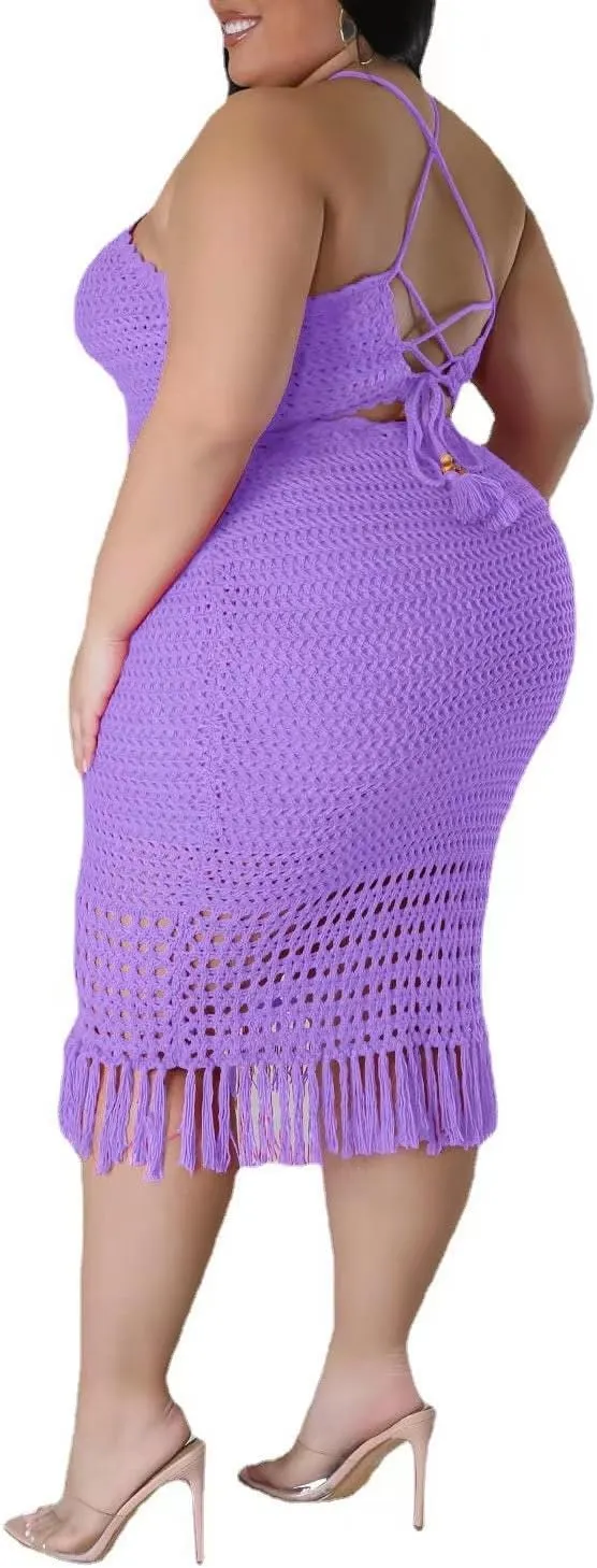 Women Plus Two-Piece Skirt Set Tassel Fishing Net Knittin Hollow Out Off Shoulder Beach Dresses Swimsuit Cover Ups