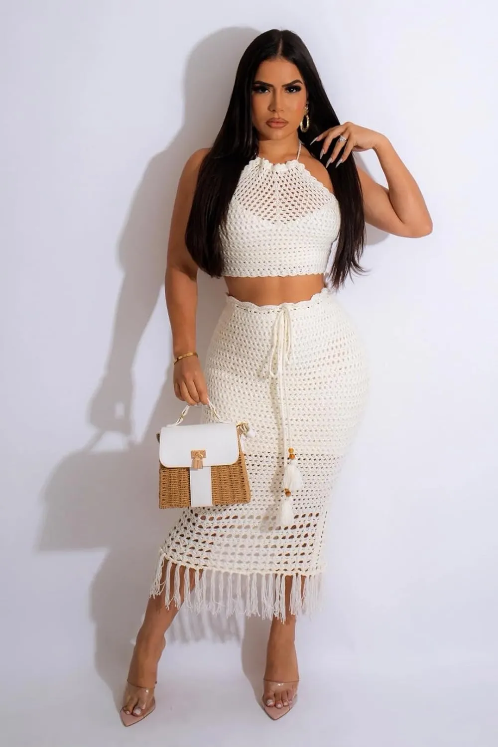 Women Plus Two-Piece Skirt Set Tassel Fishing Net Knittin Hollow Out Off Shoulder Beach Dresses Swimsuit Cover Ups