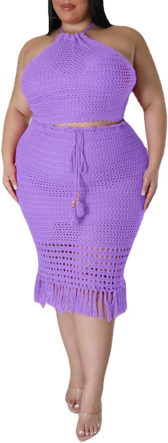 Women Plus Two-Piece Skirt Set Tassel Fishing Net Knittin Hollow Out Off Shoulder Beach Dresses Swimsuit Cover Ups