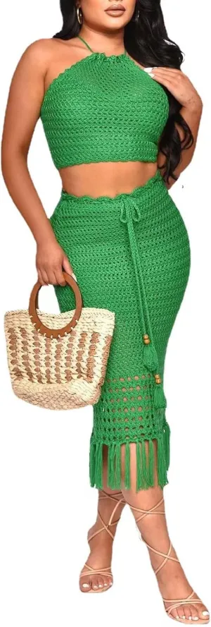 Women Plus Two-Piece Skirt Set Tassel Fishing Net Knittin Hollow Out Off Shoulder Beach Dresses Swimsuit Cover Ups