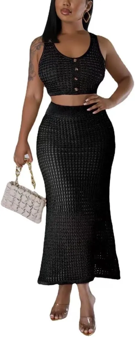 Women Plus Two-Piece Skirt Set Tassel Fishing Net Knittin Hollow Out Off Shoulder Beach Dresses Swimsuit Cover Ups