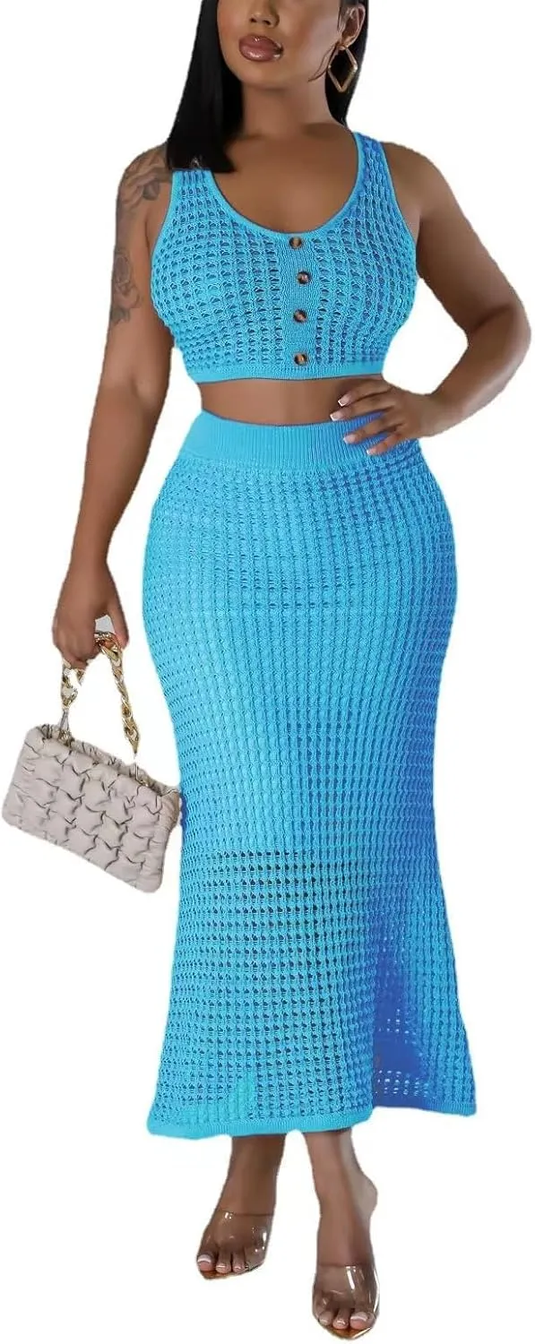 Women Plus Two-Piece Skirt Set Tassel Fishing Net Knittin Hollow Out Off Shoulder Beach Dresses Swimsuit Cover Ups