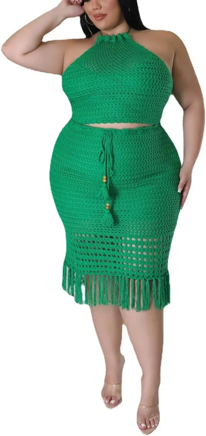 Women Plus Two-Piece Skirt Set Tassel Fishing Net Knittin Hollow Out Off Shoulder Beach Dresses Swimsuit Cover Ups
