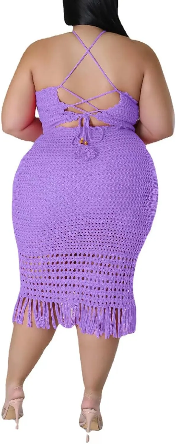 Women Plus Two-Piece Skirt Set Tassel Fishing Net Knittin Hollow Out Off Shoulder Beach Dresses Swimsuit Cover Ups