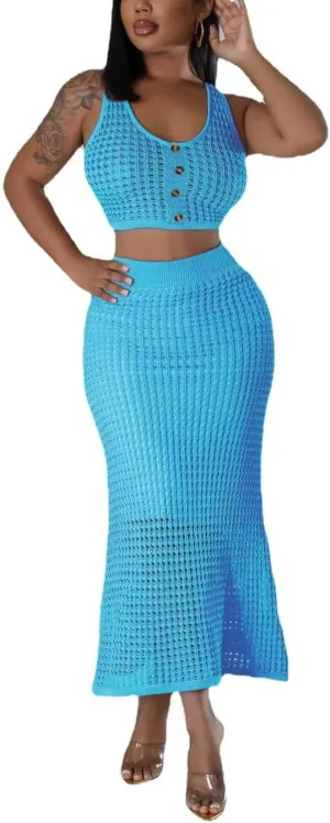Women Plus Two-Piece Skirt Set Tassel Fishing Net Knittin Hollow Out Off Shoulder Beach Dresses Swimsuit Cover Ups