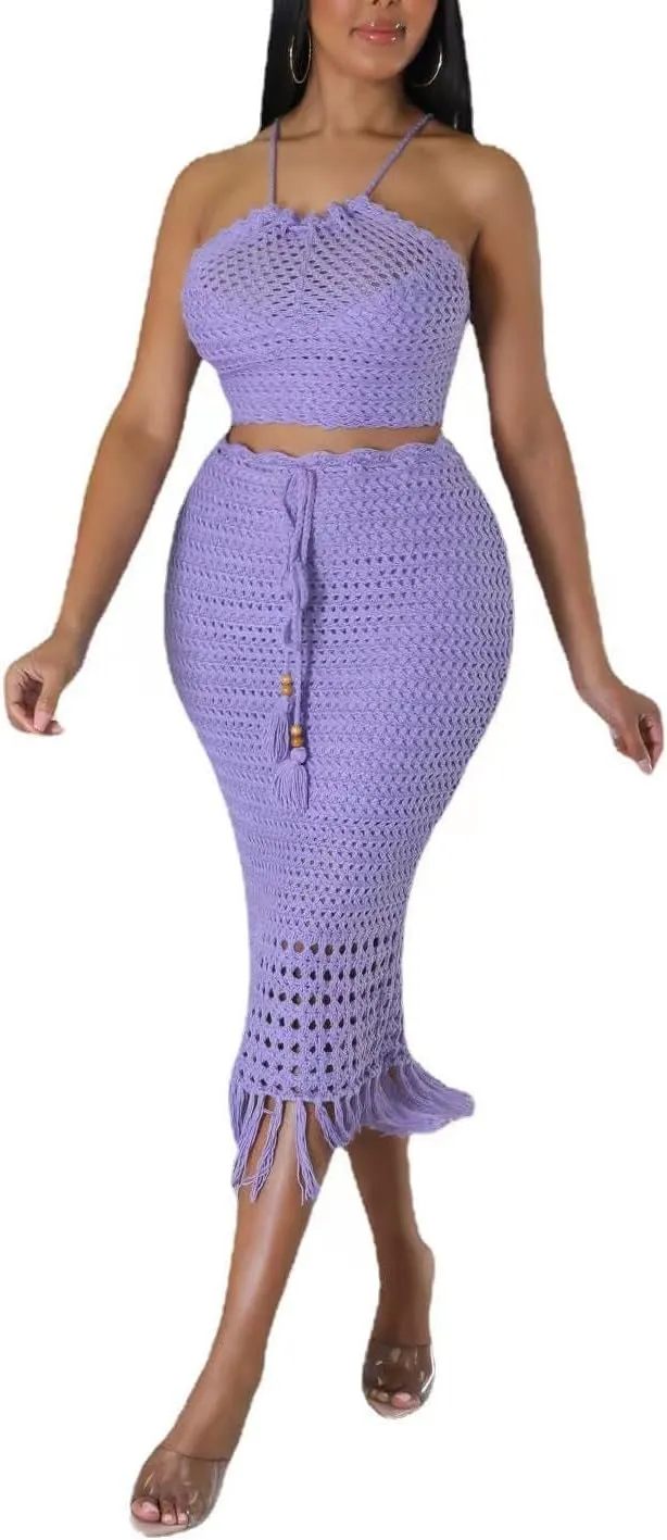 Women Plus Two-Piece Skirt Set Tassel Fishing Net Knittin Hollow Out Off Shoulder Beach Dresses Swimsuit Cover Ups