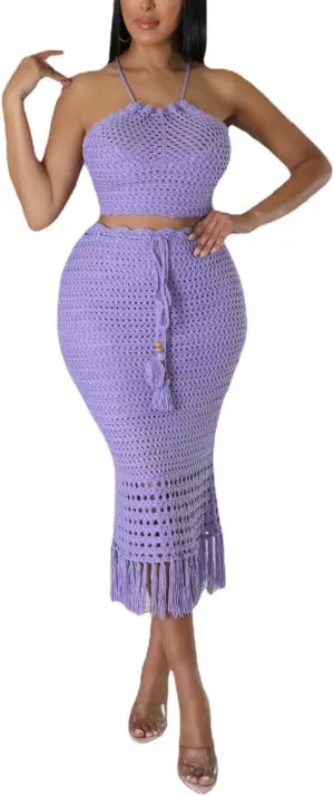 Women Plus Two-Piece Skirt Set Tassel Fishing Net Knittin Hollow Out Off Shoulder Beach Dresses Swimsuit Cover Ups