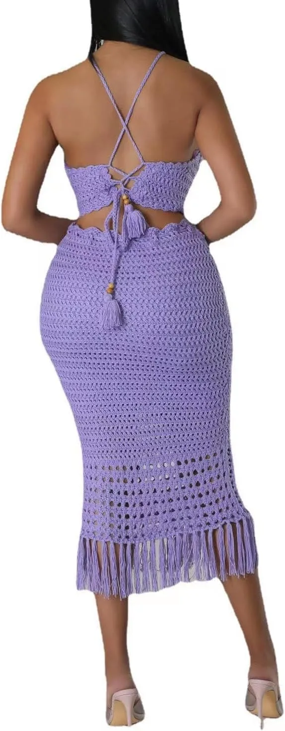 Women Plus Two-Piece Skirt Set Tassel Fishing Net Knittin Hollow Out Off Shoulder Beach Dresses Swimsuit Cover Ups