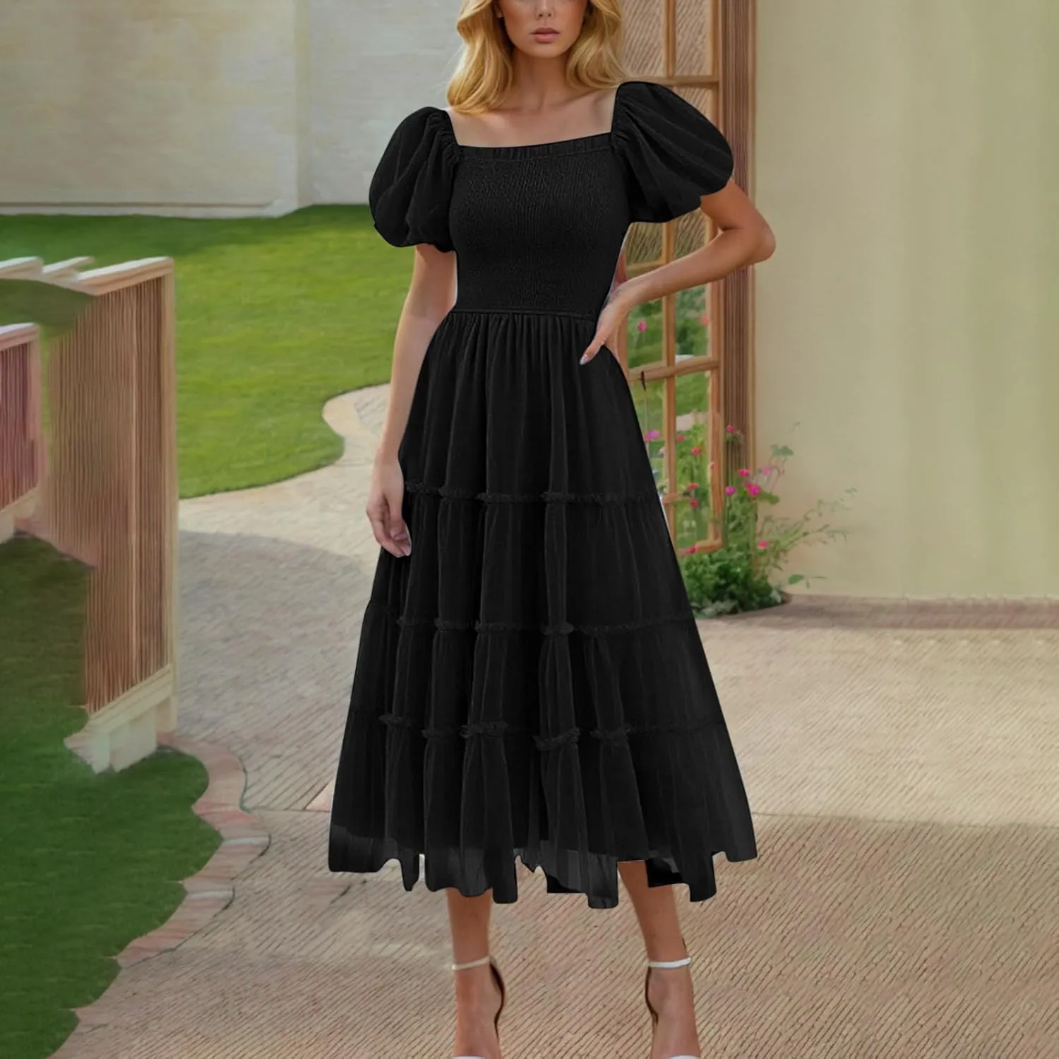 Women Summer 2025 Casual Maxi Dresses Trendy Lightweight Short Sleeve V Neck Elastic Waist Boho Beach Sundress Clothes