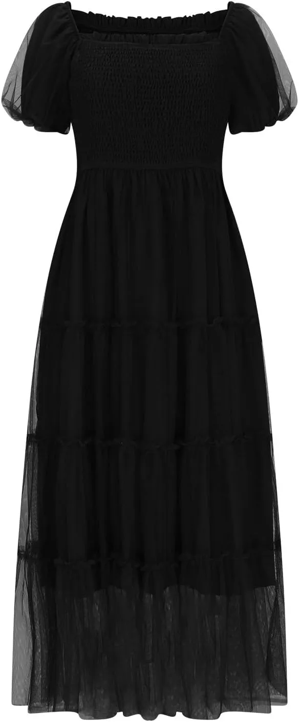 Women Summer 2025 Casual Maxi Dresses Trendy Lightweight Short Sleeve V Neck Elastic Waist Boho Beach Sundress Clothes