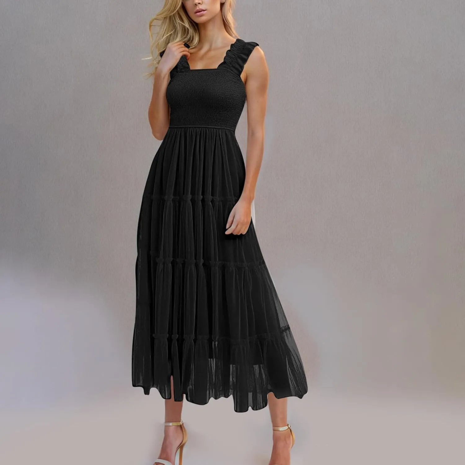 Women Summer 2025 Casual Maxi Dresses Trendy Lightweight Short Sleeve V Neck Elastic Waist Boho Beach Sundress Clothes