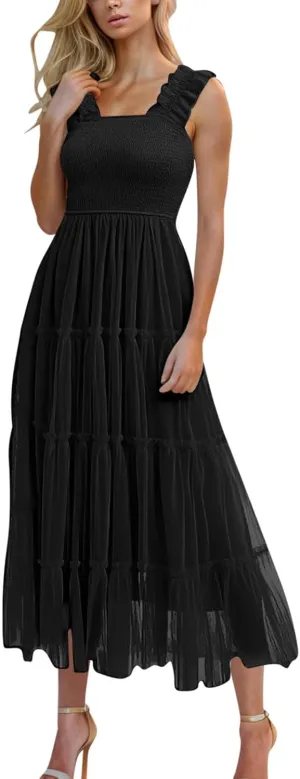 Women Summer 2025 Casual Maxi Dresses Trendy Lightweight Short Sleeve V Neck Elastic Waist Boho Beach Sundress Clothes