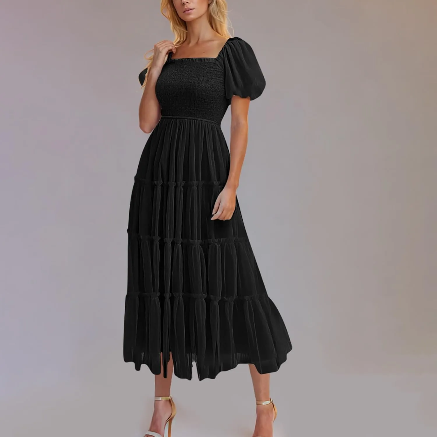 Women Summer 2025 Casual Maxi Dresses Trendy Lightweight Short Sleeve V Neck Elastic Waist Boho Beach Sundress Clothes