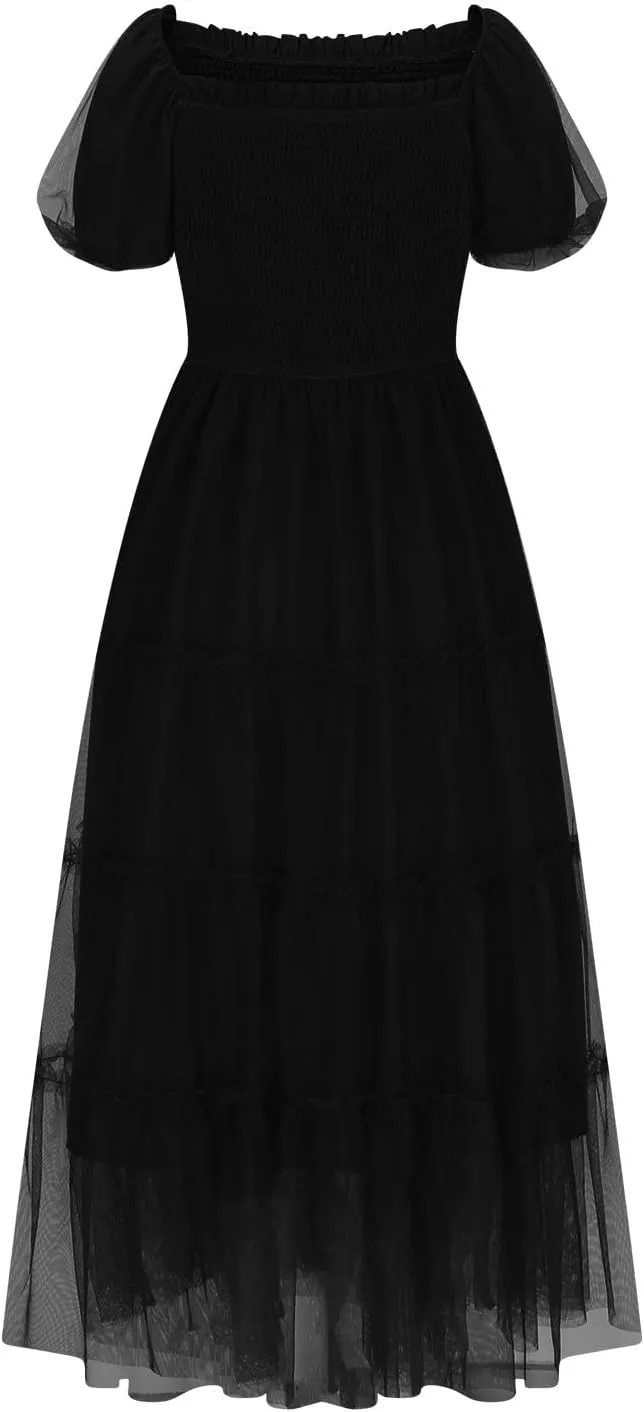 Women Summer 2025 Casual Maxi Dresses Trendy Lightweight Short Sleeve V Neck Elastic Waist Boho Beach Sundress Clothes