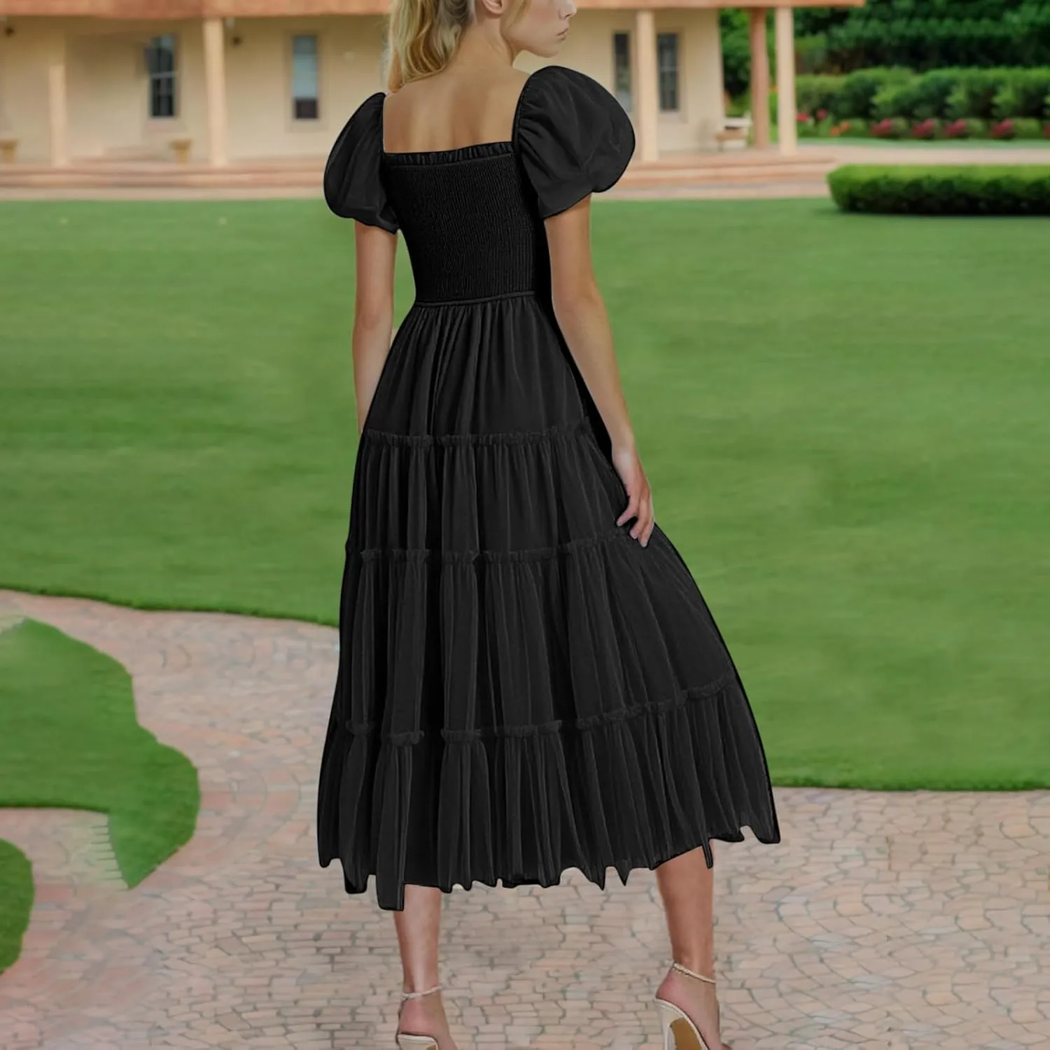 Women Summer 2025 Casual Maxi Dresses Trendy Lightweight Short Sleeve V Neck Elastic Waist Boho Beach Sundress Clothes