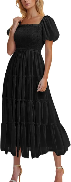 Women Summer 2025 Casual Maxi Dresses Trendy Lightweight Short Sleeve V Neck Elastic Waist Boho Beach Sundress Clothes