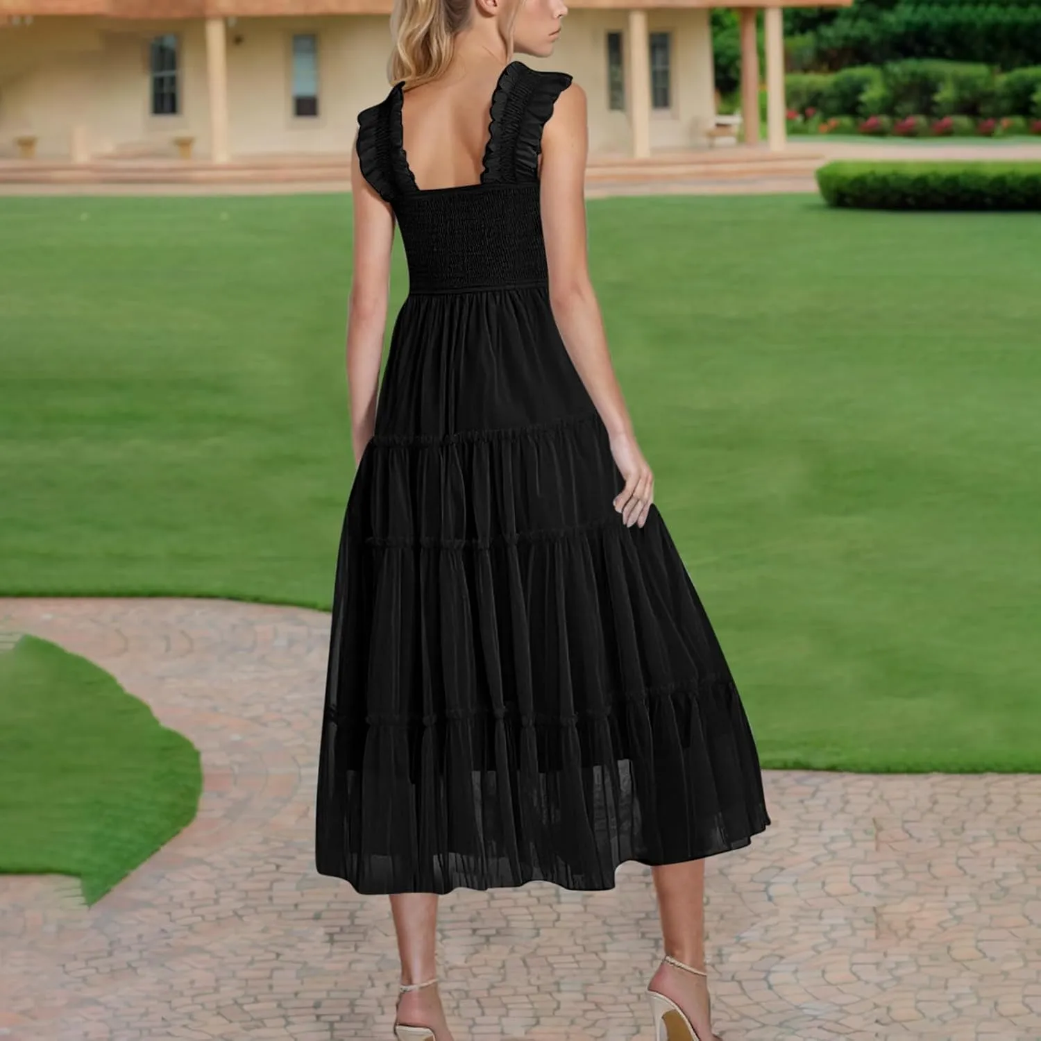 Women Summer 2025 Casual Maxi Dresses Trendy Lightweight Short Sleeve V Neck Elastic Waist Boho Beach Sundress Clothes