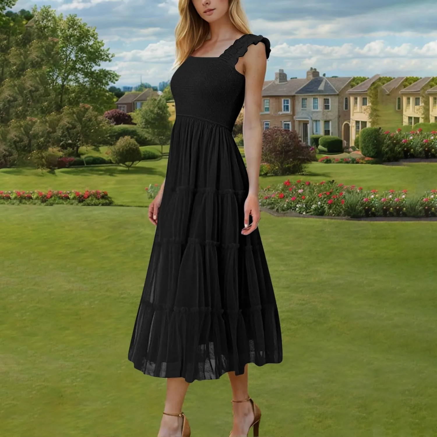 Women Summer 2025 Casual Maxi Dresses Trendy Lightweight Short Sleeve V Neck Elastic Waist Boho Beach Sundress Clothes