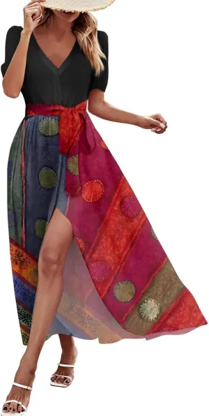 Women Summer 2025 Maxi Dress Vacation Floral Short Sleeve Casual Boho High Split Beach Cover Ups Long Flowy Sundress