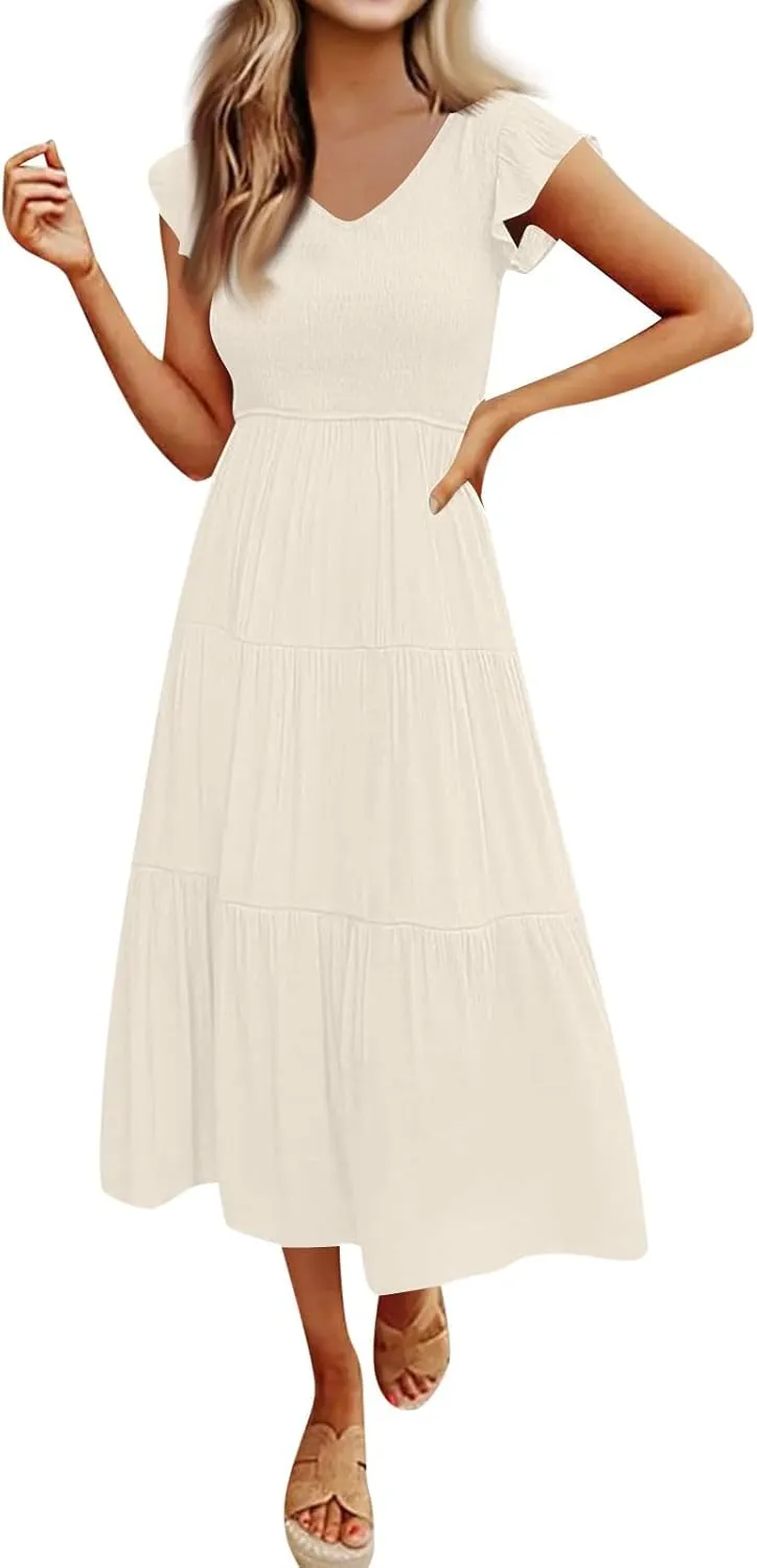 Women Summer Dresses 2025 V-Neck Cap Short Sleeve Smocked Midi Dress Ruffle Tiered Layered Cocktail Party Dresses