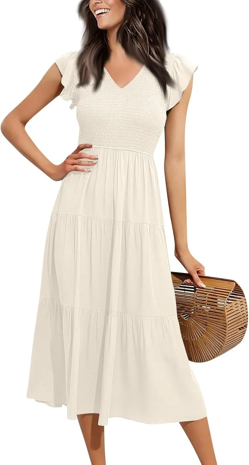 Women Summer Dresses 2025 V-Neck Cap Short Sleeve Smocked Midi Dress Ruffle Tiered Layered Cocktail Party Dresses