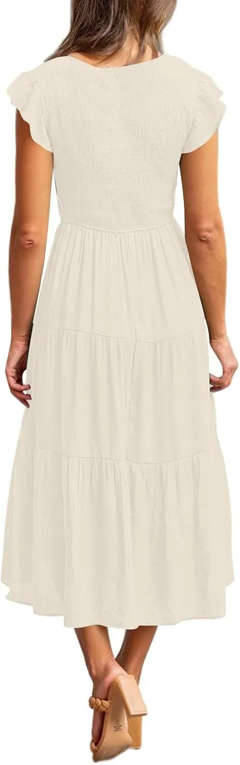 Women Summer Dresses 2025 V-Neck Cap Short Sleeve Smocked Midi Dress Ruffle Tiered Layered Cocktail Party Dresses