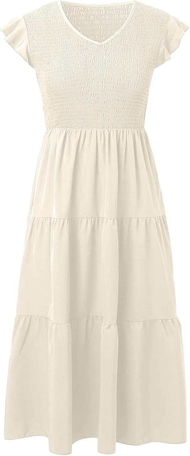 Women Summer Dresses 2025 V-Neck Cap Short Sleeve Smocked Midi Dress Ruffle Tiered Layered Cocktail Party Dresses