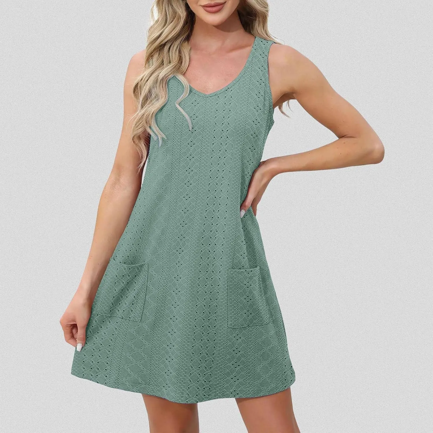Women Summer Dresses Cap Sleeve Babydoll Eyelet Ruffle V Neck Mini Dress Plus Size Casual Loose Cover Up Dress