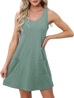 Women Summer Dresses Cap Sleeve Babydoll Eyelet Ruffle V Neck Mini Dress Plus Size Casual Loose Cover Up Dress