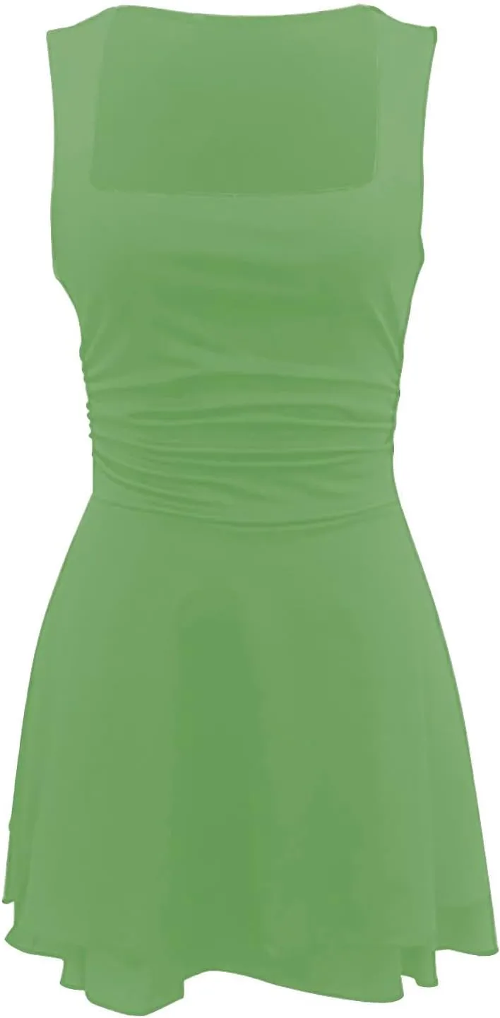 Women Summer Mini Dress 2025 Fashion Square Neck Pleated Mini Dresses Casual Fashion Elegant Sexy Ruffle Party Dress