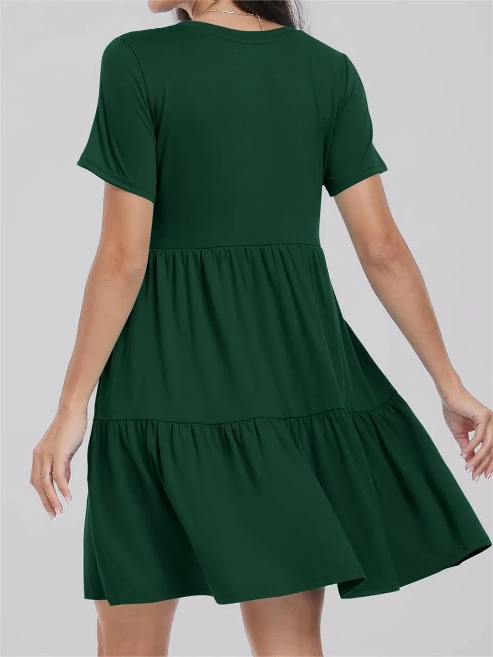 Women Summer Mini Dress Casual Short Sleeve Crewneck Pleated Dresses Trendy Tiered Ruffle Hem Tummy Control Sundress