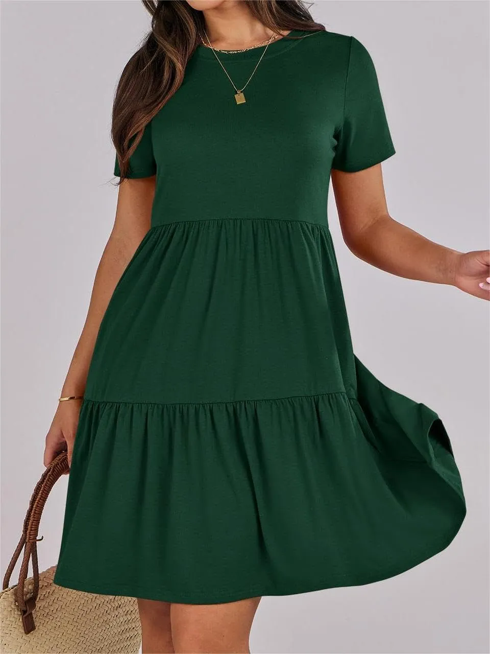 Women Summer Mini Dress Casual Short Sleeve Crewneck Pleated Dresses Trendy Tiered Ruffle Hem Tummy Control Sundress