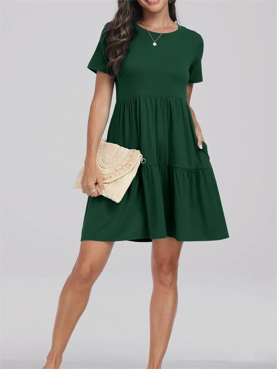 Women Summer Mini Dress Casual Short Sleeve Crewneck Pleated Dresses Trendy Tiered Ruffle Hem Tummy Control Sundress