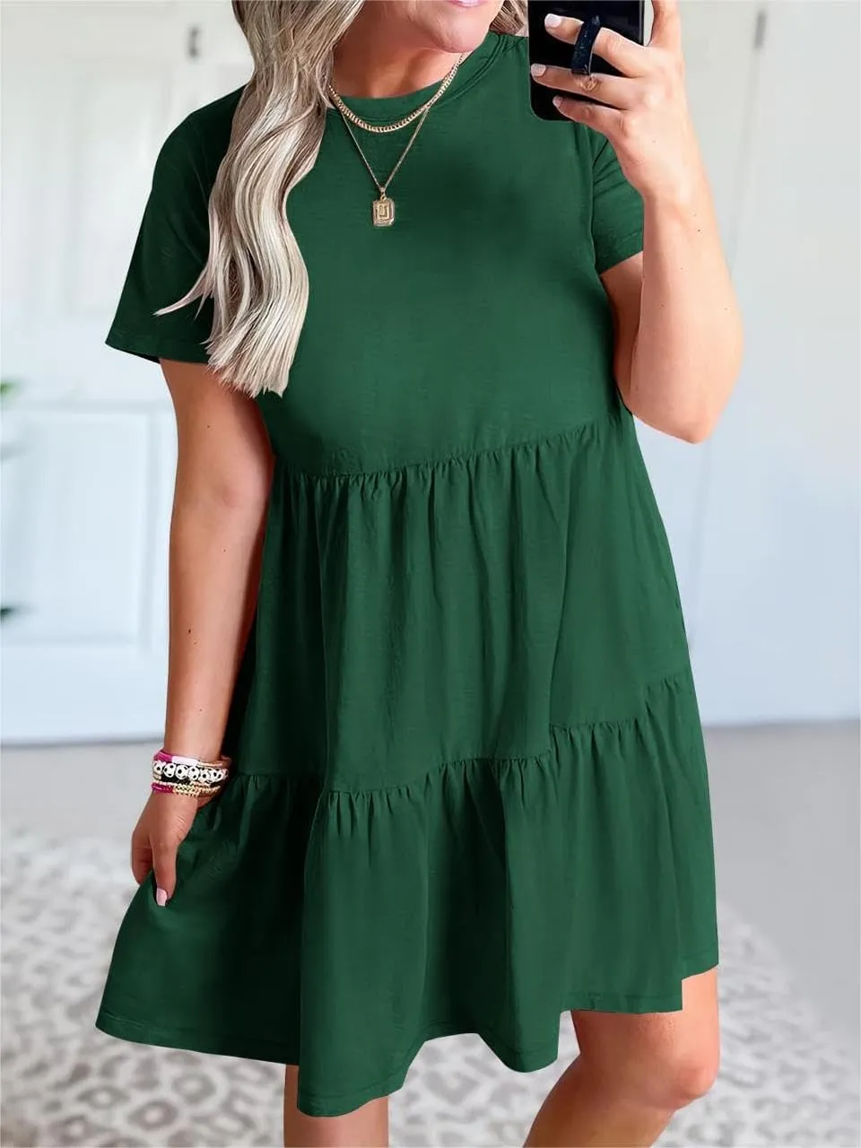 Women Summer Mini Dress Casual Short Sleeve Crewneck Pleated Dresses Trendy Tiered Ruffle Hem Tummy Control Sundress