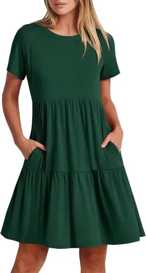Women Summer Mini Dress Casual Short Sleeve Crewneck Pleated Dresses Trendy Tiered Ruffle Hem Tummy Control Sundress