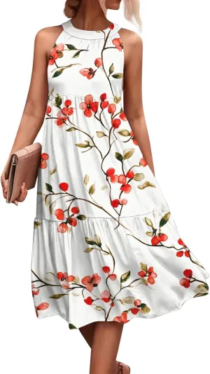 Women Sundresses 2025 Hanging Neck Sleeveless Splicing Summer Tank Dress Casual Flowy High Waist Dress
