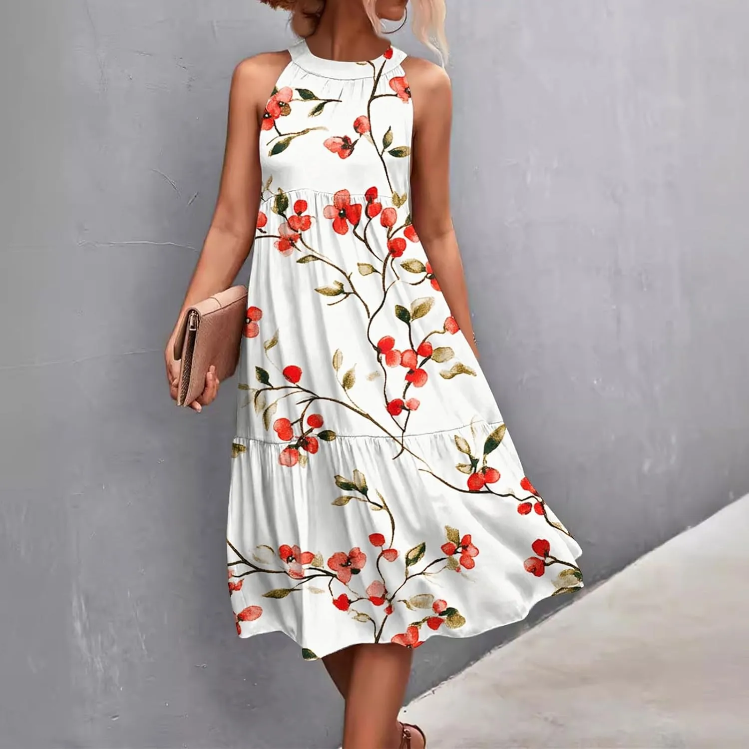 Women Sundresses 2025 Hanging Neck Sleeveless Splicing Summer Tank Dress Casual Flowy High Waist Dress