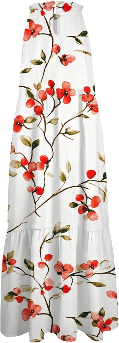 Women Sundresses 2025 Hanging Neck Sleeveless Splicing Summer Tank Dress Casual Flowy High Waist Dress