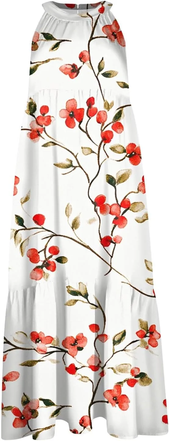 Women Sundresses 2025 Hanging Neck Sleeveless Splicing Summer Tank Dress Casual Flowy High Waist Dress