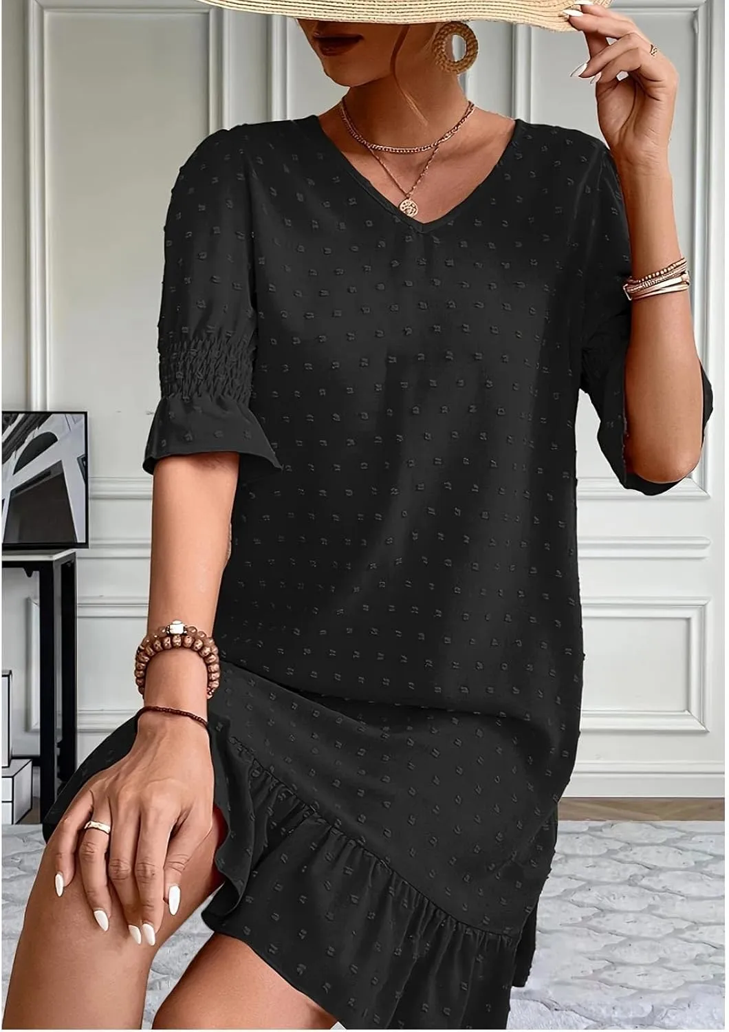 Women Swiss Polka Dots Dress V Neck Ruffle Short Sleeve Mini Dresses Summer Casual Fashion Loose Swing Boho Dress