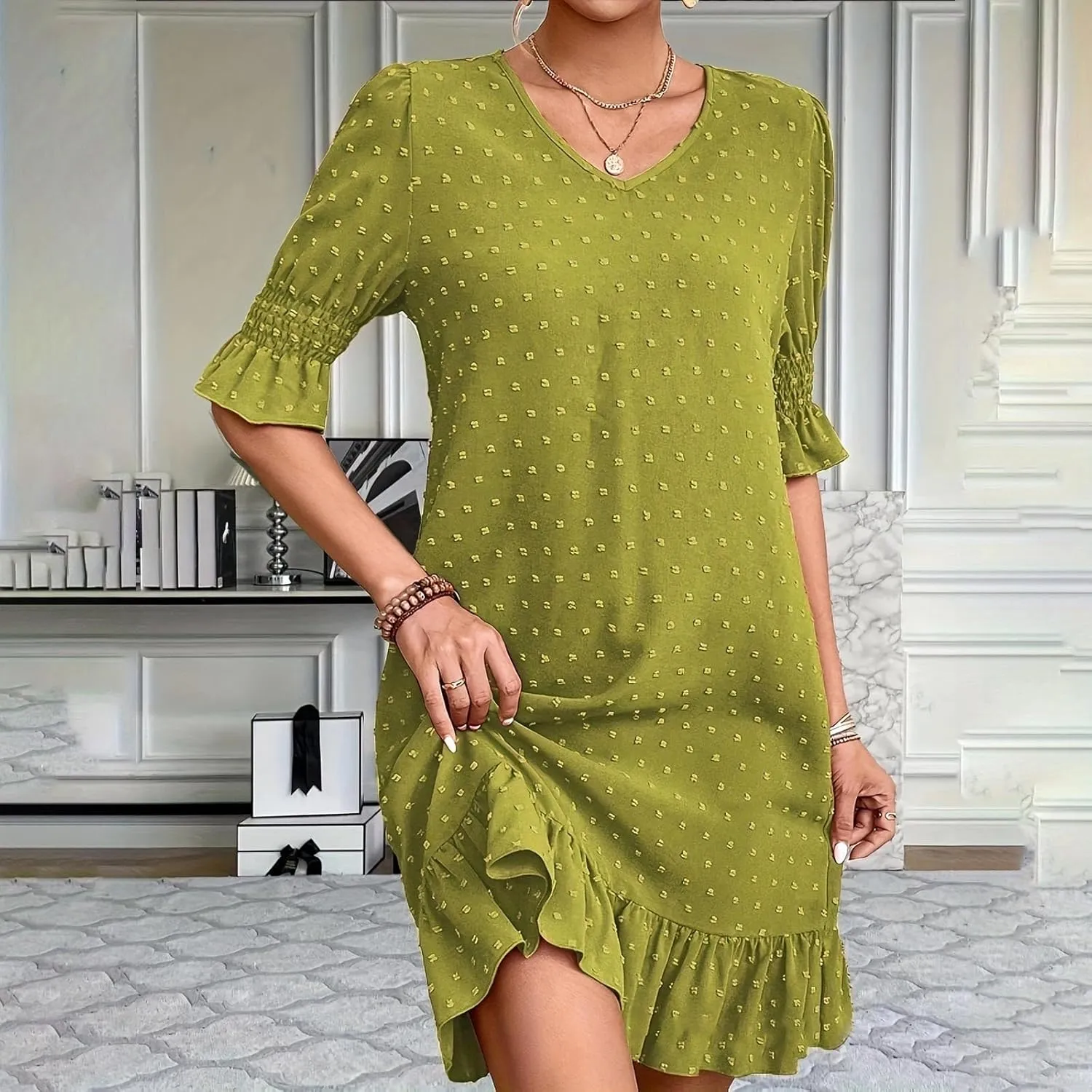 Women Swiss Polka Dots Dress V Neck Ruffle Short Sleeve Mini Dresses Summer Casual Fashion Loose Swing Boho Dress
