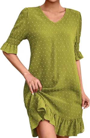 Women Swiss Polka Dots Dress V Neck Ruffle Short Sleeve Mini Dresses Summer Casual Fashion Loose Swing Boho Dress