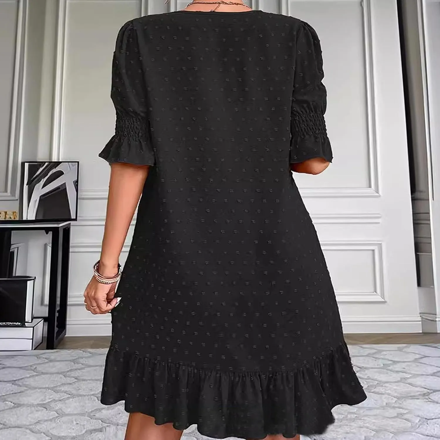 Women Swiss Polka Dots Dress V Neck Ruffle Short Sleeve Mini Dresses Summer Casual Fashion Loose Swing Boho Dress