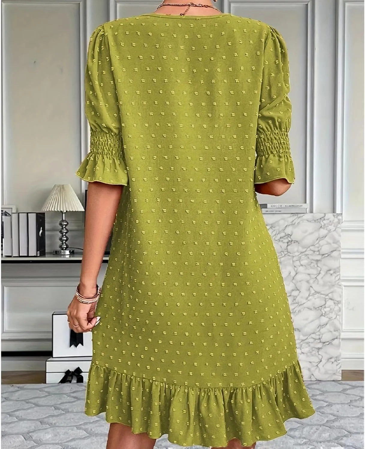 Women Swiss Polka Dots Dress V Neck Ruffle Short Sleeve Mini Dresses Summer Casual Fashion Loose Swing Boho Dress