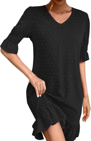 Women Swiss Polka Dots Dress V Neck Ruffle Short Sleeve Mini Dresses Summer Casual Fashion Loose Swing Boho Dress