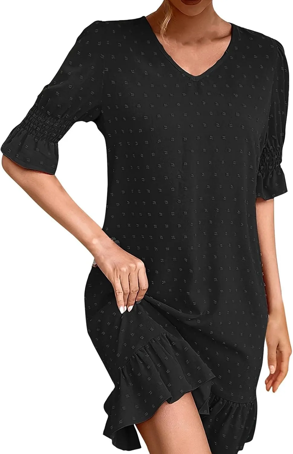 Women Swiss Polka Dots Dress V Neck Ruffle Short Sleeve Mini Dresses Summer Casual Fashion Loose Swing Boho Dress